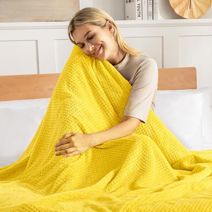 Exclusivo Mezcla Soft Waffle Fleece Bed Blanket Queen Size, Yellow | Lightweight Plush Blanket for Bed, Bedroom, Cozy Flannel with Waffle Texture, Stylish Home Decor, All Season, 90x90 Inches