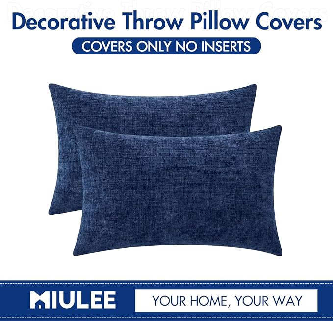 MIULEE Soft Chenille Lumbar Throw Pillow Covers Navy Blue 12x20 Pack of 2 | Modern Coastal Home Decor, Classic Decorative Pillows, Solid Dyed Cases, Boho Couch Cushion Covers for Sofa Bed Living Room