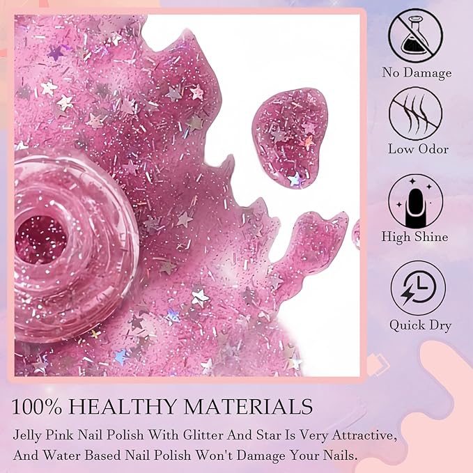 NovaCharm Soft Pink Glitter Nail Color, Water Based Quick Dry Non Toxic Polish with Bar & Star Glitter, Reflective Sparkly Pink Nail Color for Women & Girls DIY Home Nail Art, 9 ML