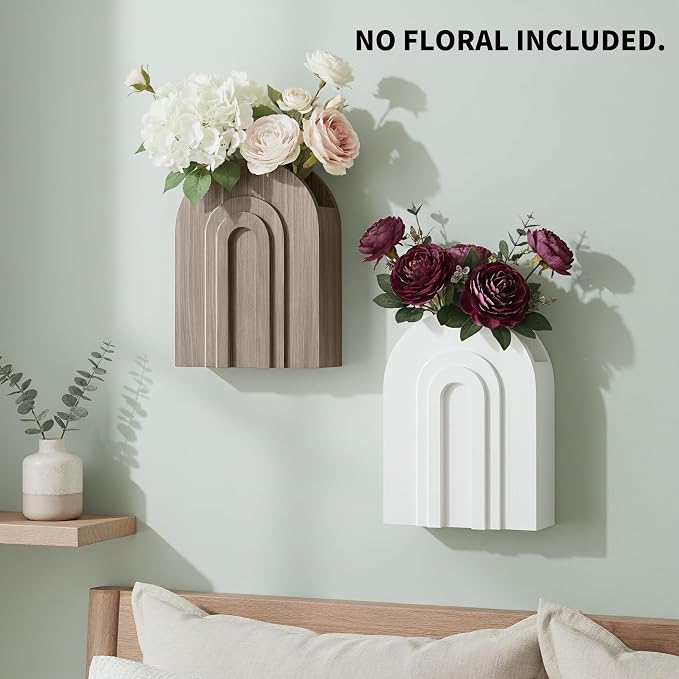 2 Pack Wooden Wall Vase White and Natural for Pampas Grass and Dried Stems | Neutral wall vases for faux flowers and pampas grass; farmhouse bathroom decor for hallway, entryway or living room