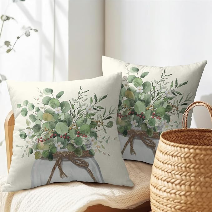 Kawani Eucalyptus Leaves Throw Pillow Covers 22x22 Inch 2Pcs Green Sage Leaf White Flowers Mason Jar Farmhouse Pillowcases Cotton Linen Cushion Cover for Couch Sofa Bed Summer Home Decor