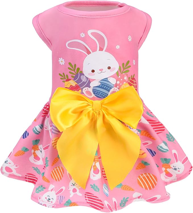 PUPTECK Print Easter Dog Dress with Cute Bow, Pink Rabbit L | Puppy Doggie Pet Clothes Outfits Apparel Costume for Holiday Party Birthday Photoshoot for Small Medium Large Dogs Girls