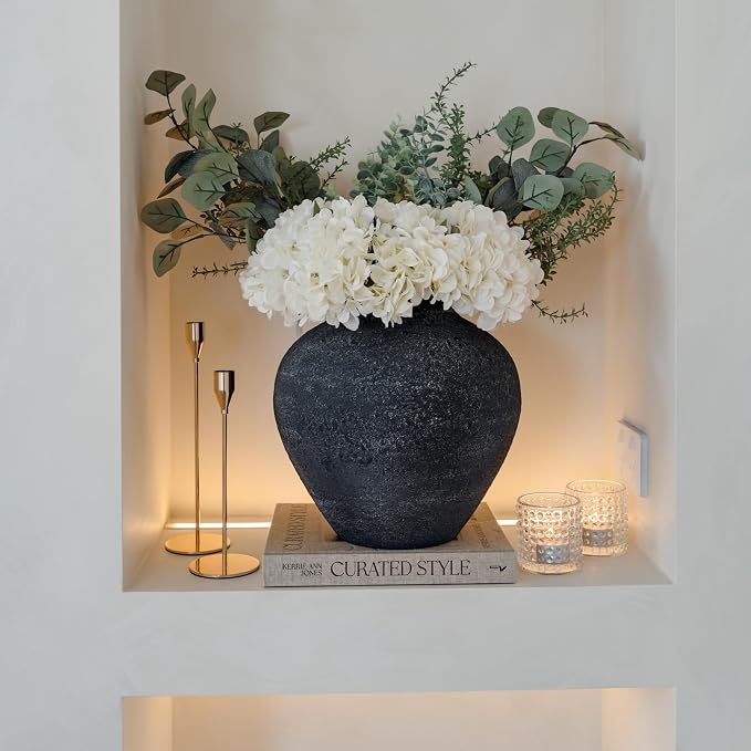 SilkSerenade Large Black Round Vase for Flowers & Table Centerpieces - 11 Inch Rustic Textured Earthy Stone Look, Matte Big Vessel Decorative Arina Modern Farmhouse Wabi Sabi Decor Living Dining Room