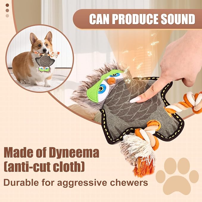 Tough Durable Squeaky Dog Toys for Aggressive chewers Interactive to Keep Them Busy, Funny Cute Tug of war Rope Birthday Dog Toy (Owl)