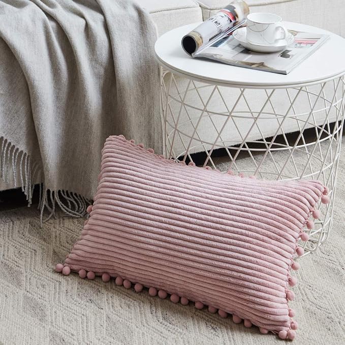 Fancy Homi 2 Pack Blush Pink Lumbar Decorative Throw Pillow Covers 14x24 Inch with Pom-poms for Couch Bedroom Sofa, Farmhouse Boho Home Decor, Soft Corduroy Solid Rectangle Cushion Case 35x60 cm