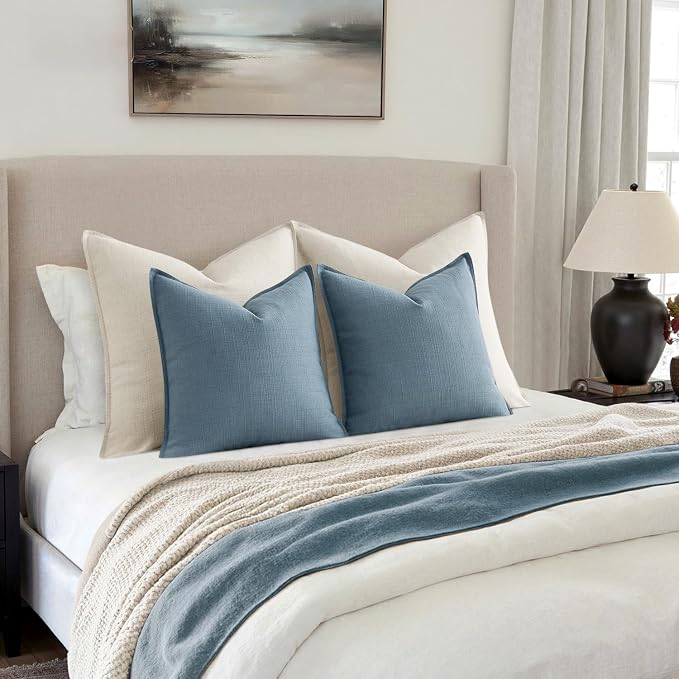 MIULEE Thick Textured Euro Sham Throw Pillow Covers 24x24 Inch Blue | Set of 2, Decorative Linen Blend Pillow Cover, Flange Edge Design, Farmhouse Modern Boho Style, Bed Couch Living Room Decor