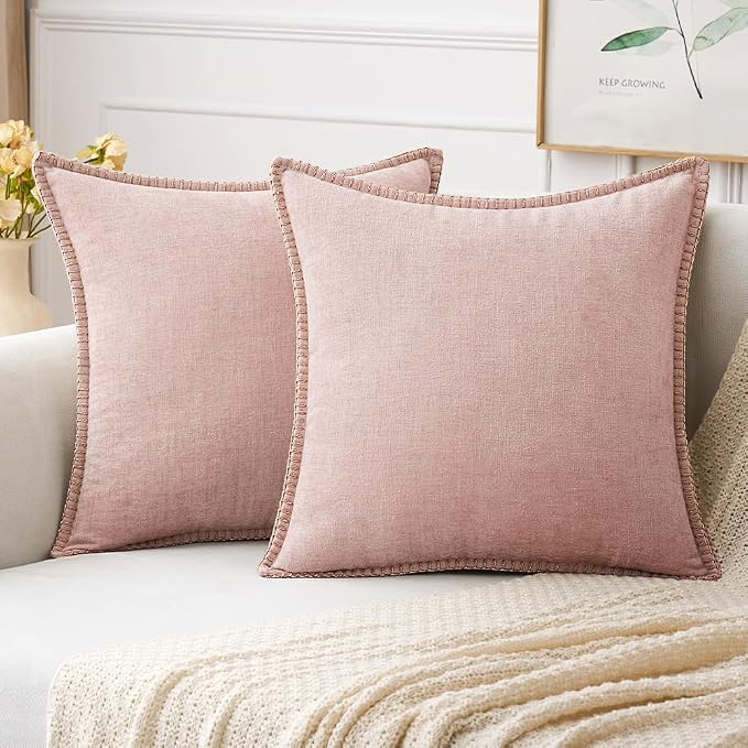 MIULEE Decorative Couch Throw Pillow Covers 20x20 Inch Pink 2 Pack | Farmhouse Pillow Covers with Stitched Edge, Soft Chenille Cushion Cases, for Sofa Bed Living Room Home Decor