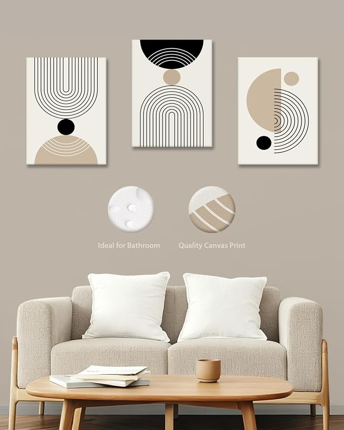 HesenDot Abstract Geometric Wall Art Set of 3, 40x60CM Minimalist Line Framed Canvas Prints, Boho Modern Beige Black Shapes Wall Decor for Living Room Bedroom Bathroom Office Home