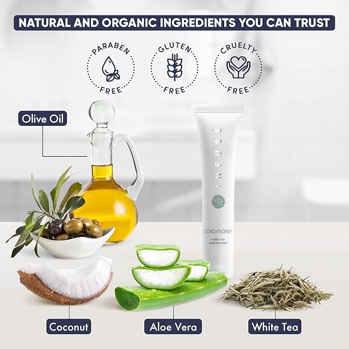 Travel Size Hotel Conditioner 20 Count 1 oz Bottles Guest Amenities for Hotels Vacation Rentals and Short Term Rentals Paraben Free White Tea and Coconut Scent Infused with Aloe & Olive Oil by INFUSE