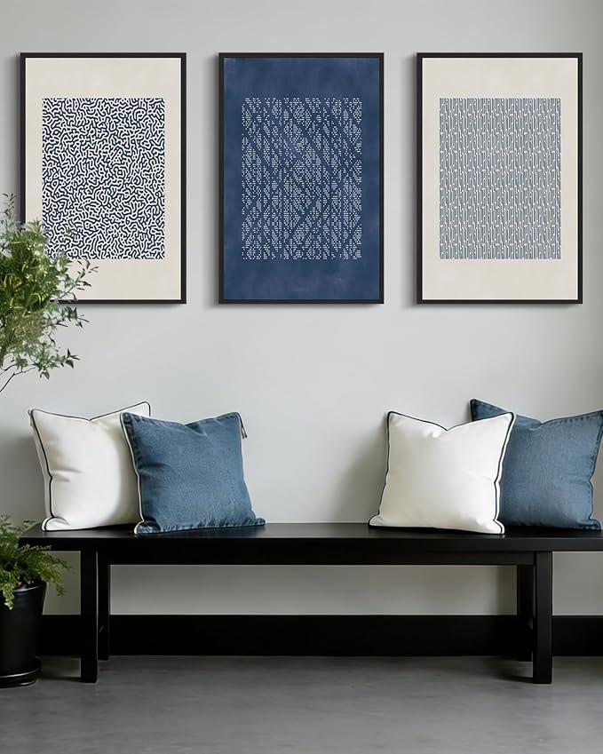 Drsoum Blue Mid-Century Modern Framed Wall Art Large 16x24in Minimalist Abstract Boho Wall Decor Geometric Artwork Kitchen Dining Room Black Framed
