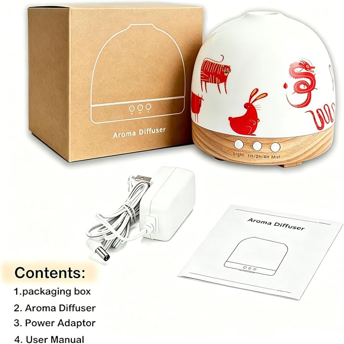 Ceramic Diffuser - 300ML Essential Oil Diffuser,Cute Porcelain Design, Quiet Cool Mist, 4 Timer Modes, Auto Shut-Off, Night Light for Bedroom and Home