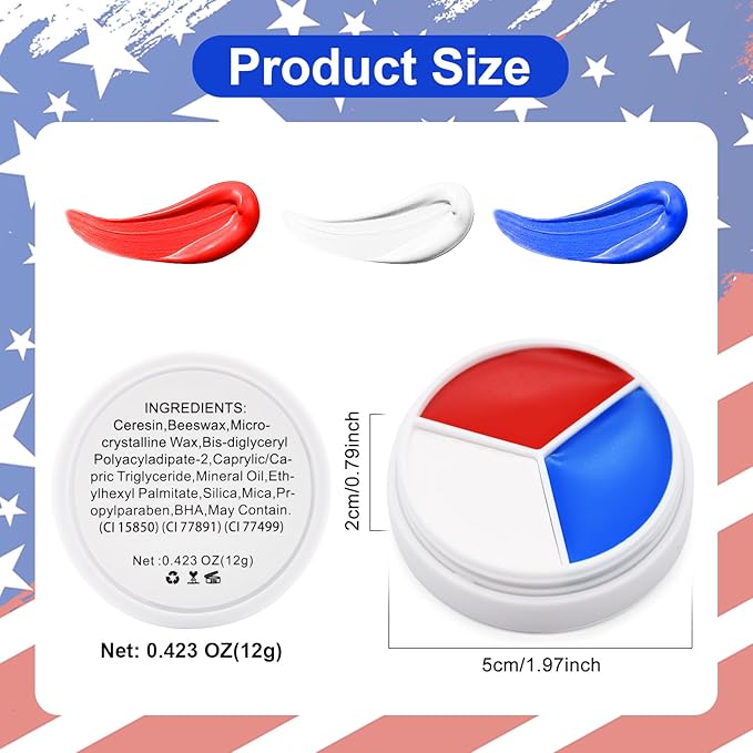 Red White Blue Face Body Paint - USA American Flag 3 Colors Makeup Face Painting Palette for America's Patriotic Events 4th of July, Independence Day, Veterans Day, Halloween, Sports Event