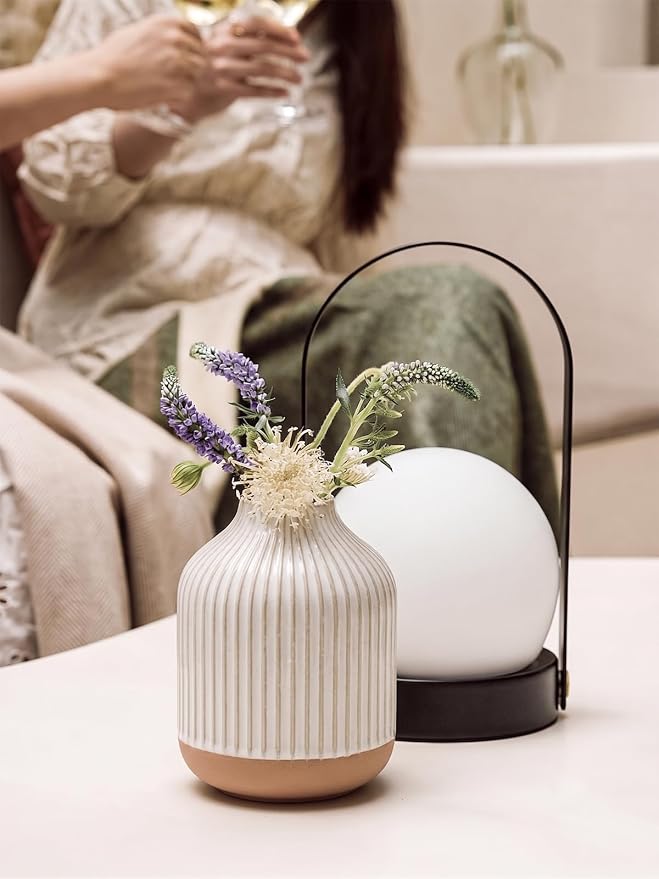 Boho Farmhouse Small Ceramic Vase for Pampas Grass & Flowers - 5.3 Inch Rustic White Vase, Centerpiece for Eucalyptus, Tiny Stems & Bouquets with Embossed Lines