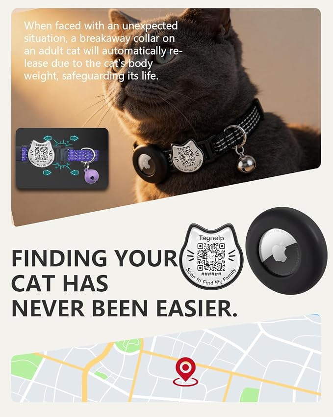 Cat Collar with AirTag Holder, QR Code Tag and Bell (Black)