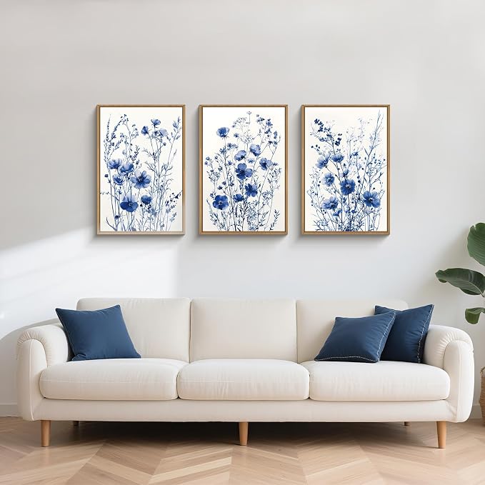 FWIEXA Blue White Wildflower Canvas Wall Art Set of 3, Framed Navy Chinoiserie Watercolor Botanical Pictures Wall Decor, Minimalist Floral Paintings Artwork, 24x36In Florals Prints for Living Room, Bedroom, Bathroom