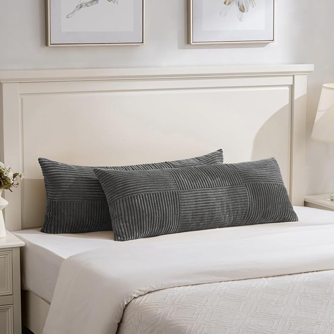Fancy Homi Set of 1 Dark Gray Boho Long Lumbar Body Decorative Throw Pillow Cover 14x36 Inch for Bed Couch Bedroom Bench, Soft Patchwork Corduroy Textured Pillow Case, Rustic Farmhouse Room Decor