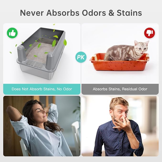 WoofiGo Enclosed Stainless Steel Cat Litter Box with Lid, XL Extra Large Litter Box for Big Cats, Metal Litter Pan High Sided, Never Absorbs Odors, Anti-Urine Leakage, Include Scoop (SH-Light Gray)