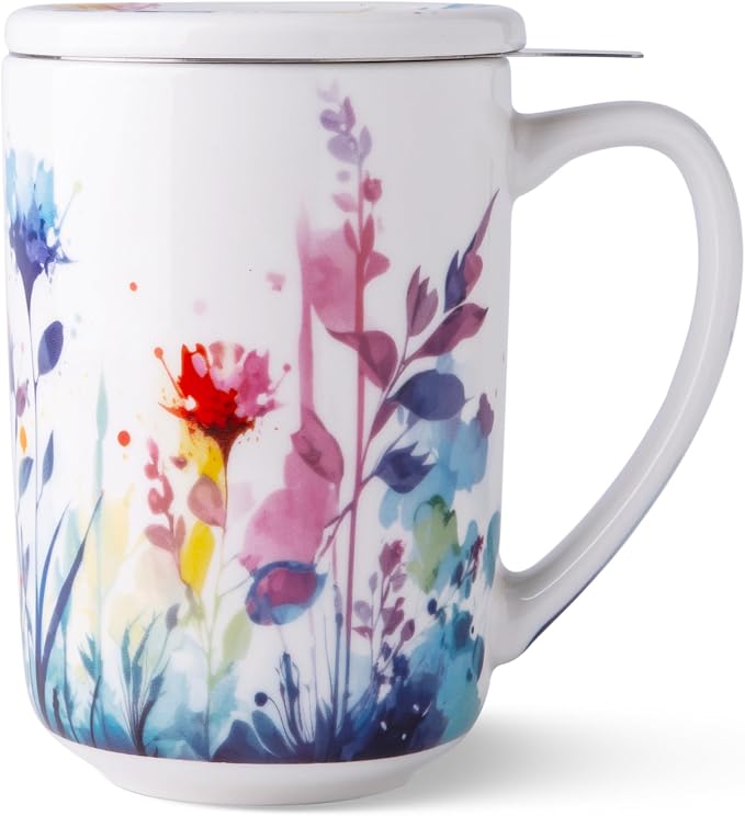AmorArc Porcelain Tea Mug with Infuser and Lids, 18 Oz Large Cup Strainer with Bag Holder for Loose Leaf Tea, Steeping Coffee Mug for House-warming Wedding Birthday Gift