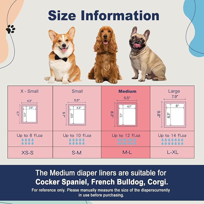 Dog Diapers Liners, 150 Ct, Super Absorbent Doggie Diaper Inserts for Male Dog Wraps and Female Dog Diapers, Hook-and-Loop Tape Design, Super-fit & No Shifting, Medium Dog Diaper Pads