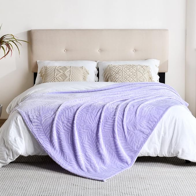 Super Soft Flannel Fleece Throw Blanket, 60 x 80 Inches, Lilac | Lightweight Cozy Warm Leaves Textured Plush Blanket for Bed Couch Sofa