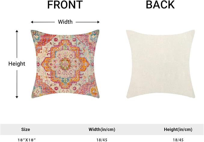 Boho Pillow Covers 18x18 Inch Set of 2,Carpet Pattern Throw Pillows Case,Orange Yellow Ethnic Design Retro Outdoor Decorative Square Linen Farmhouse Decor Cushion Covers for Home Sofa Bed Couch