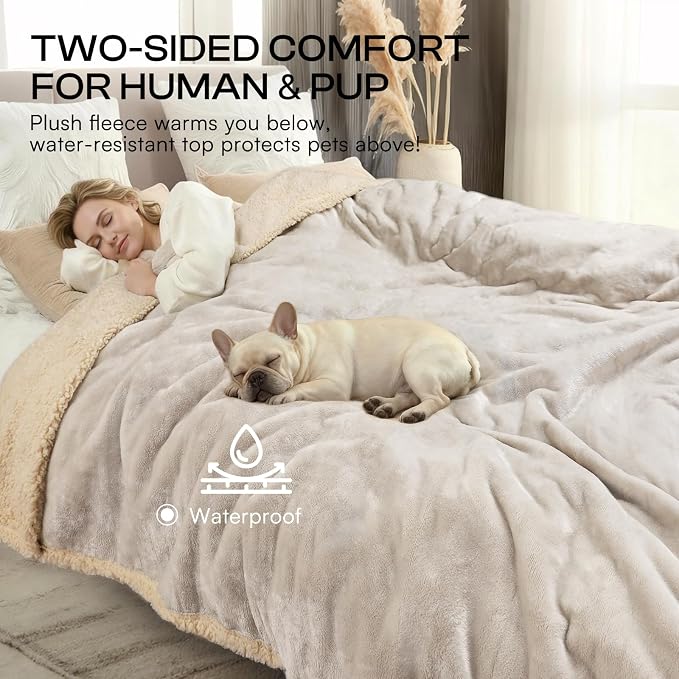Luciphia Waterproof Pet Blankets, Liquid Pee Proof Dog Blanket for Sofa Bed Couch, Reversible Sherpa Fleece Furniture Protector Cover for Small Medium Large Dogs Cats, Dark Beige King Size（100" x 85"） | waterproof pet blanket sherpa fleece reversible c...