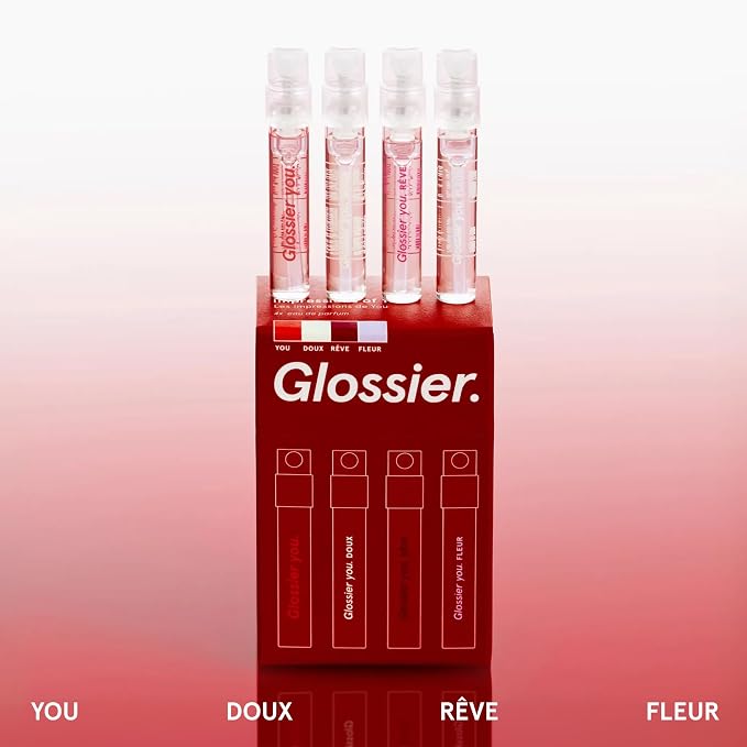 Glossier You Mini Wardrobe Fragrance Set - 4 Unisex Travel Size Eau de Parfum for Women & Men - Skin-Scent Enhancer Perfume Sampler, Smells Different on Everyone - You, Fleur, Doux, Rêve - 1.5ml Each