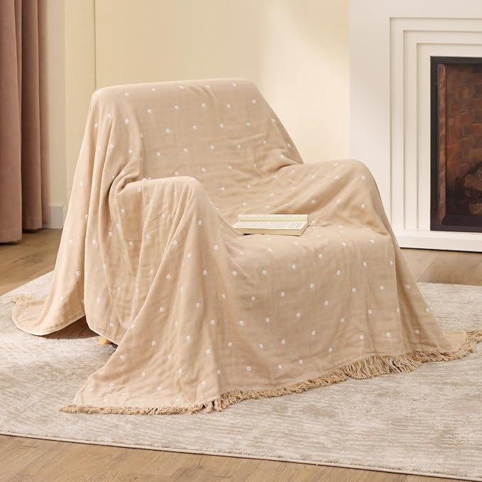 100% Cotton Boho Throw Blanket for Home Decor – Classic Farmhouse Quilt Bedding, Muslin Blankets for Adults, Vintage Woven Decorative Blanket for Couch, Bed Layering Use, Classic Dotted, 50"x60"