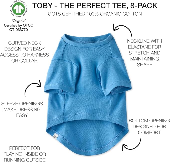 Pet Passion Toby II - The Perfect Tee, 8 Pack Short Sleeve Pet T-Shirt 100% Organic Cotton Tees Clothes for Small, Medium, Large Dogs, Rainbow Blue, Large