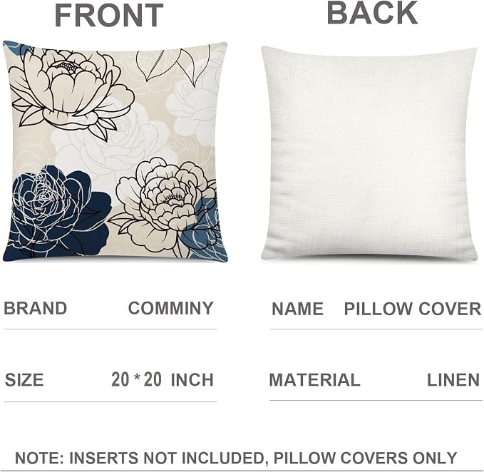 COMMINY Blue Beige Linen Pillow Covers 20x20 Set 6 Farmhouse Throw Cover | decorative floral pattern, Large Throw Pillow Size, Breathable Linen, Bedroom Accent Couch Sofa, Spring Summer Decor