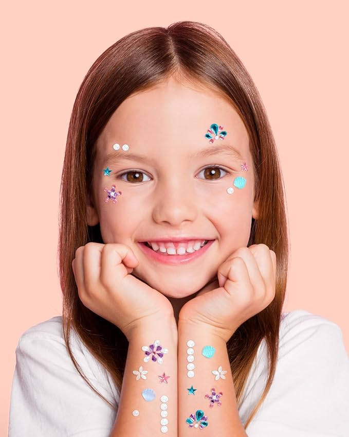 xo, Fetti Kids Face Gems, Mermaid Pink + Blue - 52 pcs. | Cute Seashell Face Stickers, Pearl Birthday Rhinestone Accessory, Under the Sea Decorations