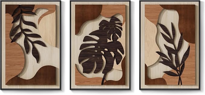Framed Wood 3D Boho Textured Wall Art for Living Room, Large 3 Piece Carved Wooden Tropical Botanical Artwork for Walls, Brown Monstera Leaf Wood Bedroom Dining Room Home Office Wall Decor, 20x30 Inch