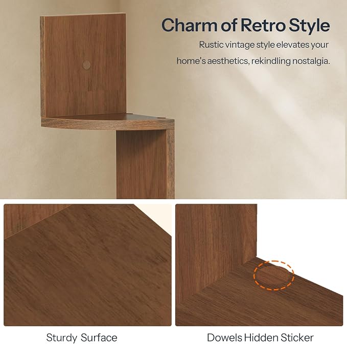 HOOBRO Corner Shelf Wall-Mounted, Set of 2 Floating Corner Shelves for Wall, 5-Tier Corner Bookshelves for Living Room, Bedroom, Bathroom, Home Office, Walnut WL26BJP201