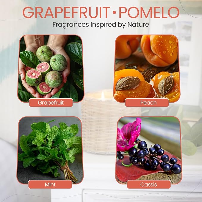 Grapefruit Pomelo Scented Candle – 12oz Luxury Soy Wax, 2-Wick in Handwoven Glass Jar, Sweet Grapefruit, Juicy Peach, Mint and Cassis Buds - 75+ Hour Clean Burn, Made in USA