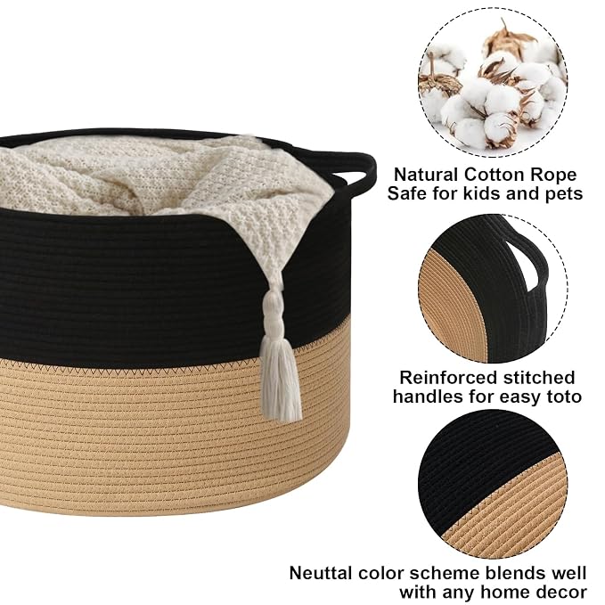 115L Extra Large Blanket Basket,Woven Laundry Basket-Black&Camel | Collapsible, reinforced handles, nursery storage bin organizes clothes, toys and pillows for living room, bedroom bathroom