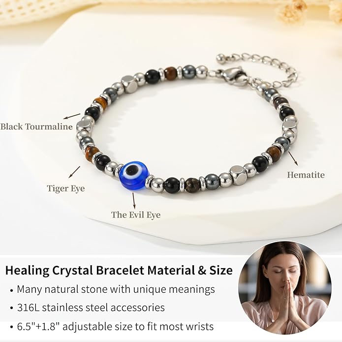 Natural Healing Crystal Bracelet for Women, Triple Protection Anxiety Relief New Beginnings Good Luck Empath Protection Jewelry Gift for Friends Daughter Mom 6.5+1.8 Inches