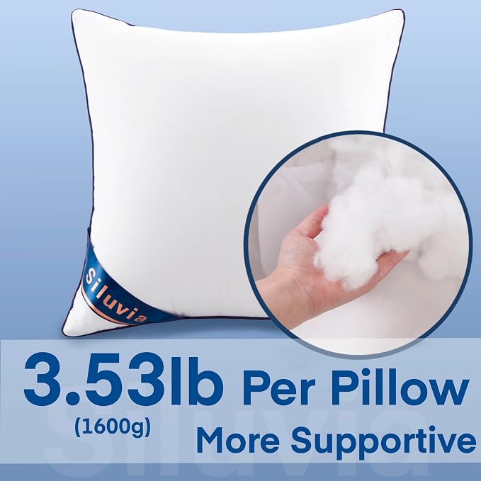 Siluvia 30x30 Down Alternative Pillow Insert 2 Pack, 100% Cotton Cover | 100% Premium Polyester Fill, Fluffy & Soft with Comfy Support - White Decorative Cushion Inserts for Couch, Sofa & Bed