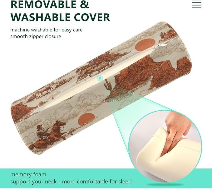 Cowboy Horse Sun Mountains Beige Neck Roll Pillow Bolster Round Health Memory Foam Long Cervical Cylinder Pillows with Removable Washable Cover for Body Bed Legs Back Yoga