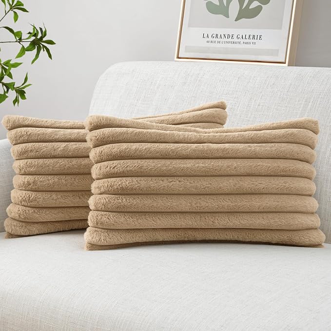 MIULEE Faux Fur Lumbar Decorative Throw Pillow Covers 12x20 Set of 2 Khaki | Modern Fall Soft Plush Couch Pillows, Cozy Fluffy Cushion Covers for Sofa Bed Living Room Home Decor