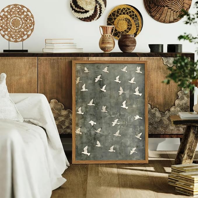 Framed Vintage Flying Bird Canvas Wall Art, Minimalist Abstract Flock of White Birds Pictures Wall Decor, Cottagecore Nature Wildlife Prints Paintings for Living Room Bedroom Home Office 16x24 inch