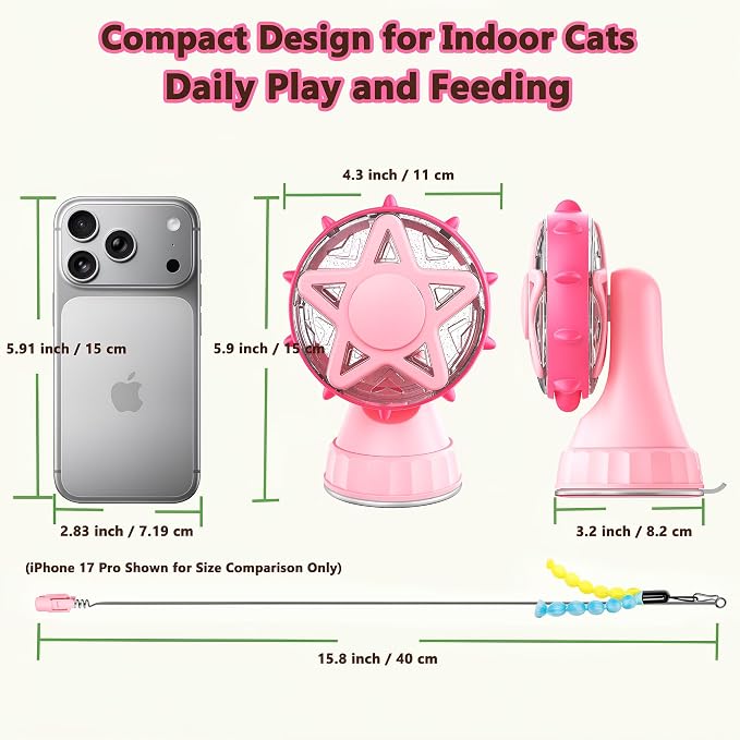 Cat Toys for Indoor Cats，Interactive Cat Toy Kitten Toys Enrichment with Adjustable Cat Food Dispenser, Slow Feeder Puzzle Removable Teaser Wand Toy for Bored Indoor Adult Cats (Rosy Pink)