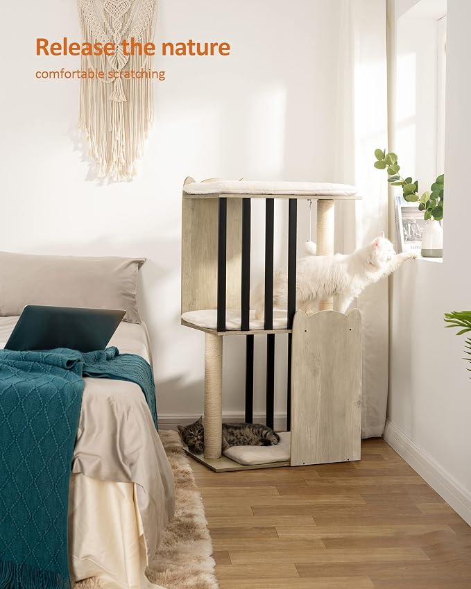 43.8in 3-Tier Modern Cat Tree Tower Condo, Cat Scratch Posts for Indoor Cats, Big Plate, Two 19.7in Full Sisal Scratching Posts, Greige