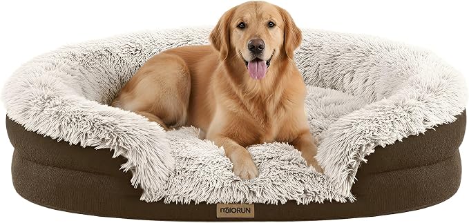 Fluffy Orthopedic Dog Beds Large Sized Dog, 43" Bolster Sofa Bed | Soft plush faux fur,lowered entry,washable cover,waterproof liner,claming dog couch for x-large dogs,supportive bolster