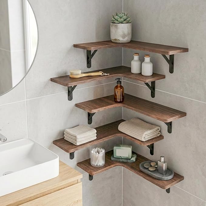 Fixwal Conner Floating Shelves for Wall Decor, Dark Carbonized Black 5pcs | Solid wood shelf with metal brackets, holds 40 lbs. Optimizes corner storage. Fits bathroom, kitchen, bedroom & living room.