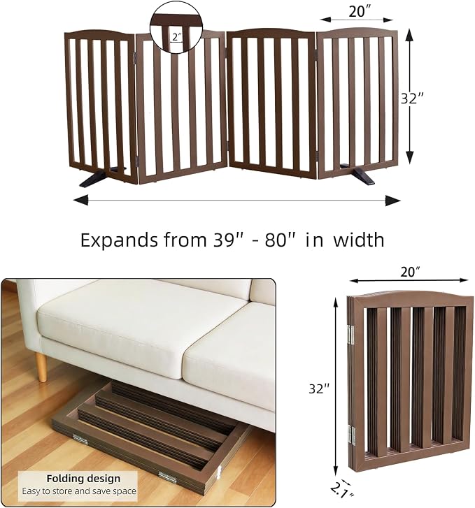 ZJSF Foldable Freestanding Indoor Dog Gate for House Wood Long Pet Gates Dog Fence for Stairs Puppy Gates for Hallways, Puppy Gate,Support Feet Included, Brown, 32 "Height-4 Panels