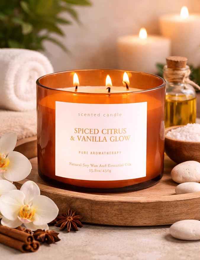 Spiced Citrus & Vanilla Glow Scented Candle | 3-Wick Large Soy Candle 15.8 oz | Highly Scented Cinnamon Aromatherapy Candle for Women & Men | Warm Cozy Home Scent | Clean Burn Long Lasting