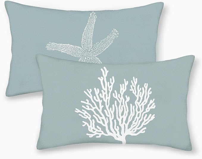 Coastal Pillow Covers 12x20 Set of 2 Blue Coral Starfish Throw Pillows Nautical Ocean Decorations Summer Linen Beach Pillowcase Outdoor Decor Farmhouse Lumbar Cushion Case for Home Living Room