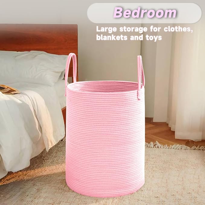 JMvicyroam 60L Cotton Rope Laundry Basket Hamper, Pink | Collapsible laundry basket, reinforced handles, freestanding, machine washable, holds 3-5 thick blankets, clothes or toys