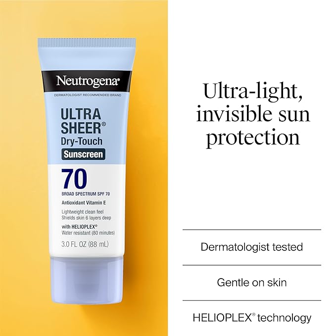 Neutrogena Ultra Sheer Dry-Touch Sunscreen For Face & Body, SPF 70 Broad Spectrum UVA/UVB Protection, Lightweight Water Resistant & Non-Greasy, Travel Size Sunscreen, 3 fl. oz (Pack of 3)