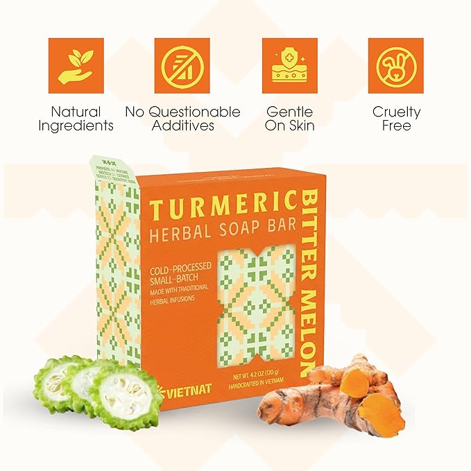 Turmeric & Bitter Melon 2-in-1 Natural Soap Bar (4.2 oz) | Herbal Freshness & Gentle Refreshing Cleanse | Cold-Processed, Handmade in Vietnam (Pack of 1)